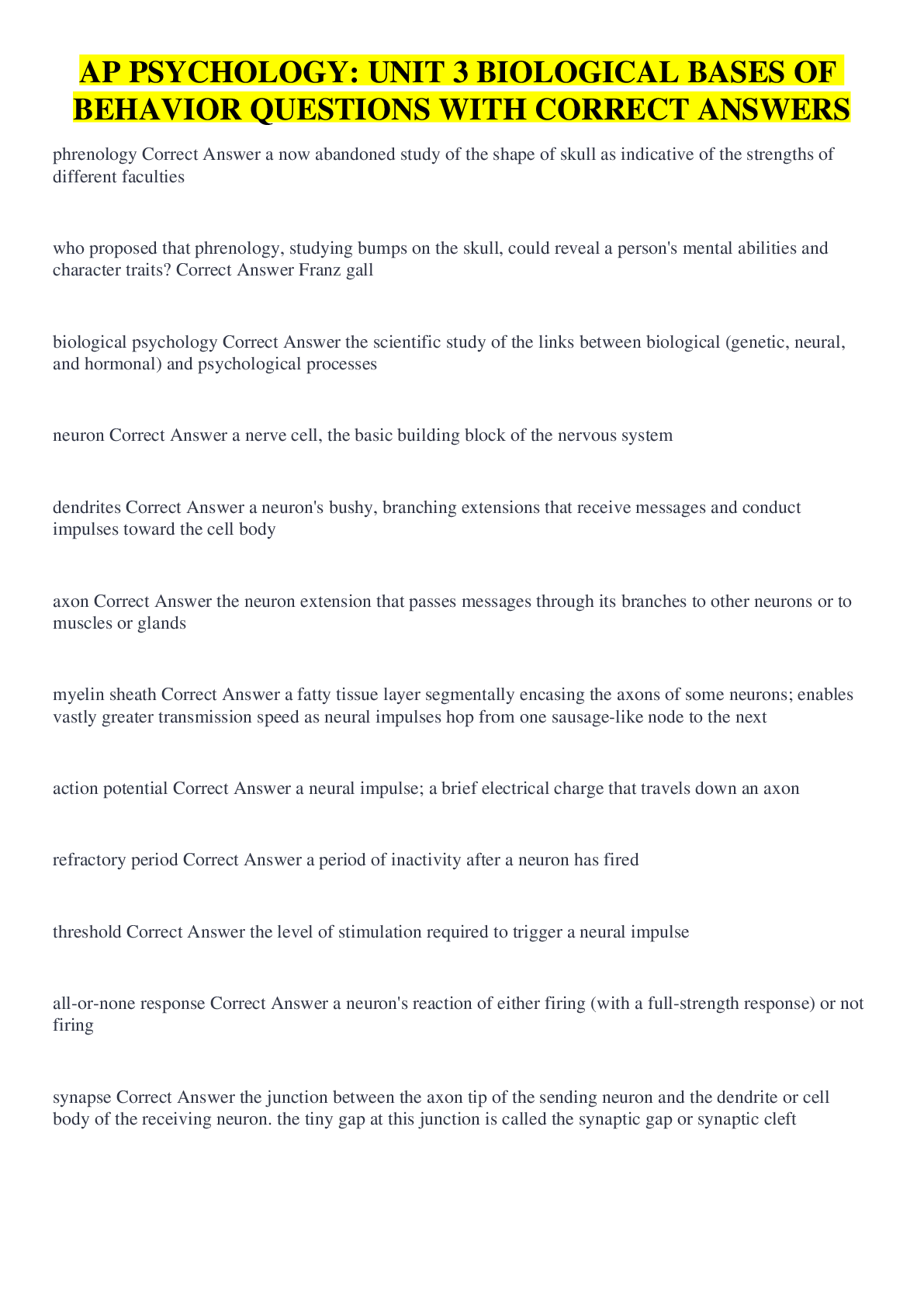 Preview image for AP PSYCHOLOGY: UNIT 3 BIOLOGICAL BASES OF BEHAVIOR QUESTIONS WITH CORRECT ANSWERS